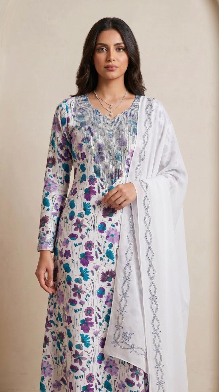 Designer Stone-Embellished Floral Mukhawar with Contrasting White Shaila - (A2)
