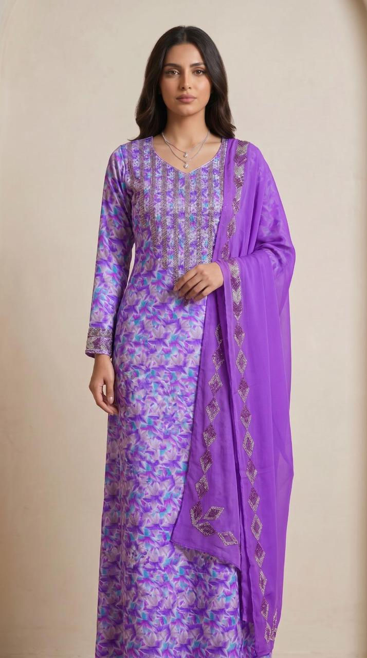 Designer Stone-Embellished Floral Mukhawar with Contrasting Purple Shaila - (A3)