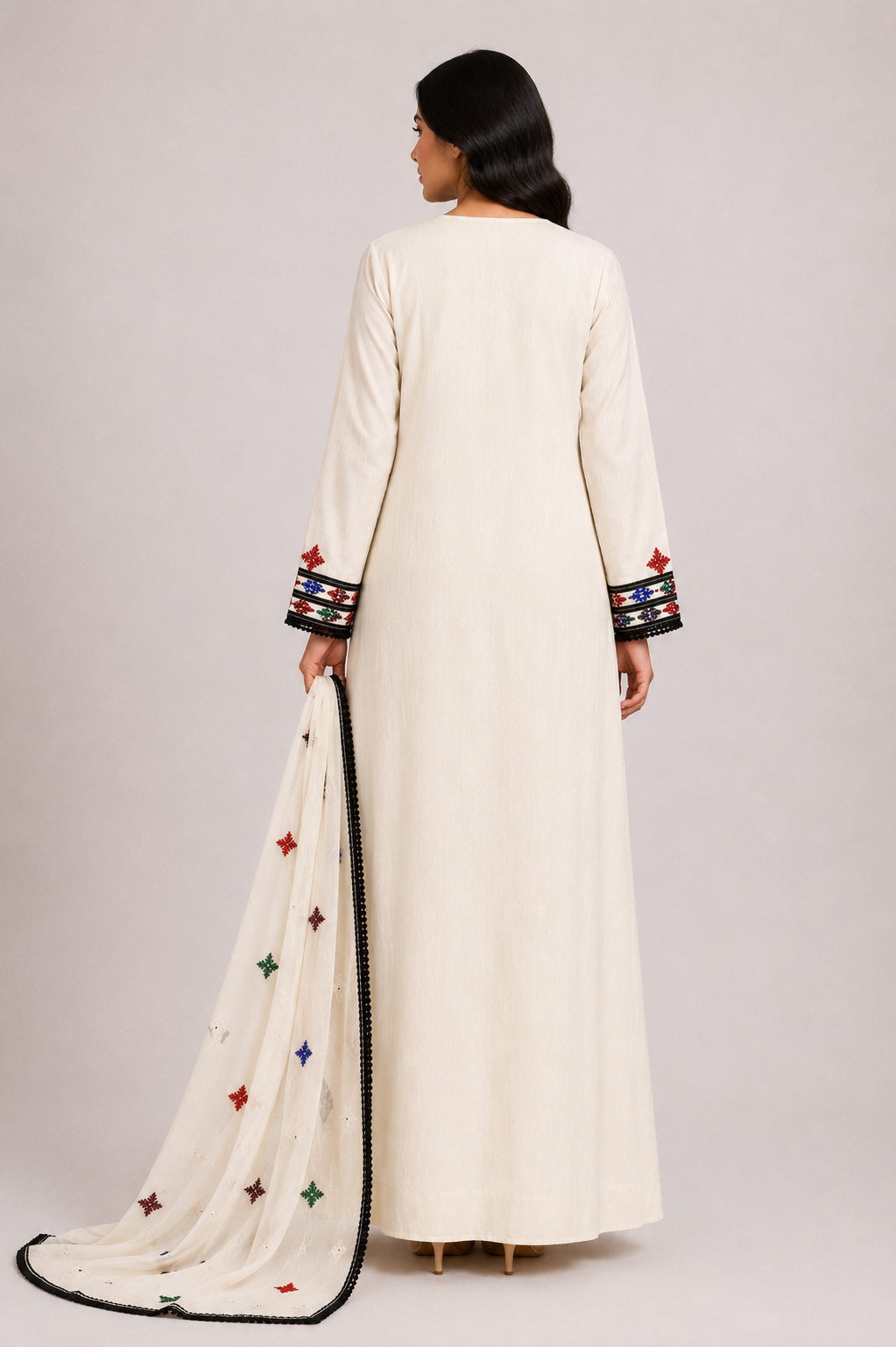 Noor Al Khaleej Luxury Hand Embroidered Mukhawar with Embellished Shaila – Ivory Beige | Premium Korean Crepe
