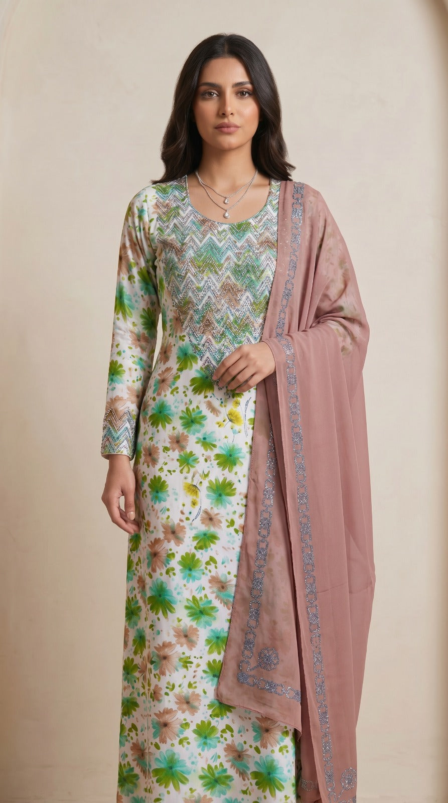 Designer Stone-Embellished Floral Mukhawar with Contrasting Beige Shaila - (A1)