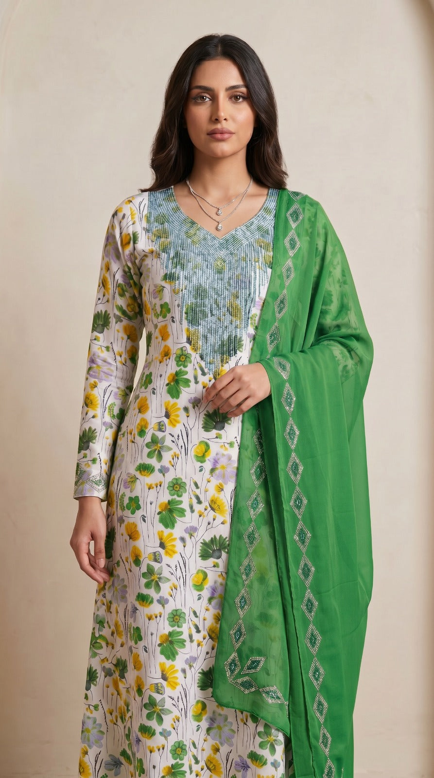 Designer Stone-Embellished Floral Mukhawar with Contrasting Green Shaila - (A2)