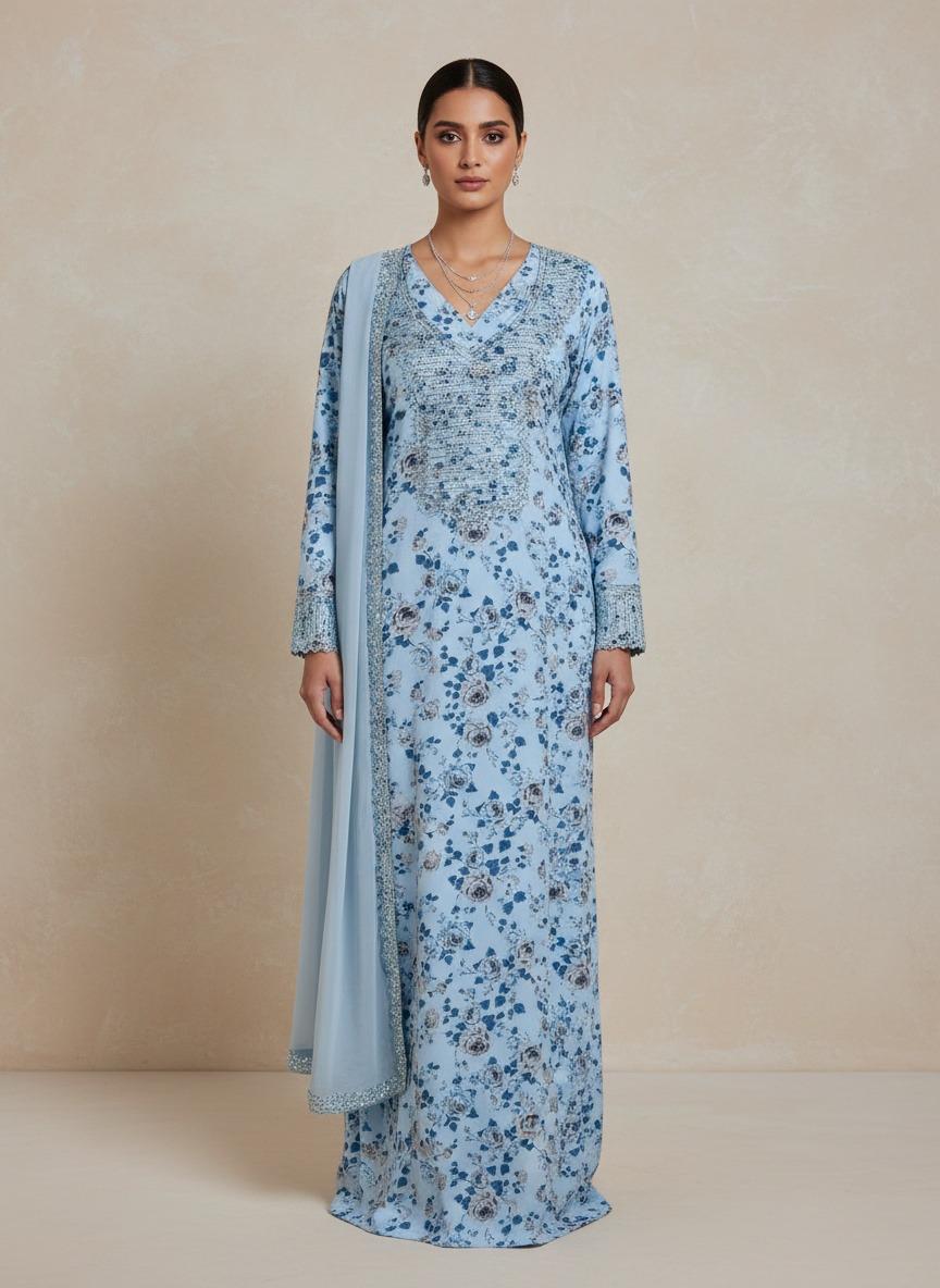 Designer Stone-Embellished Floral Mukhawar with Matching Sky Blue Shaila - (A4)