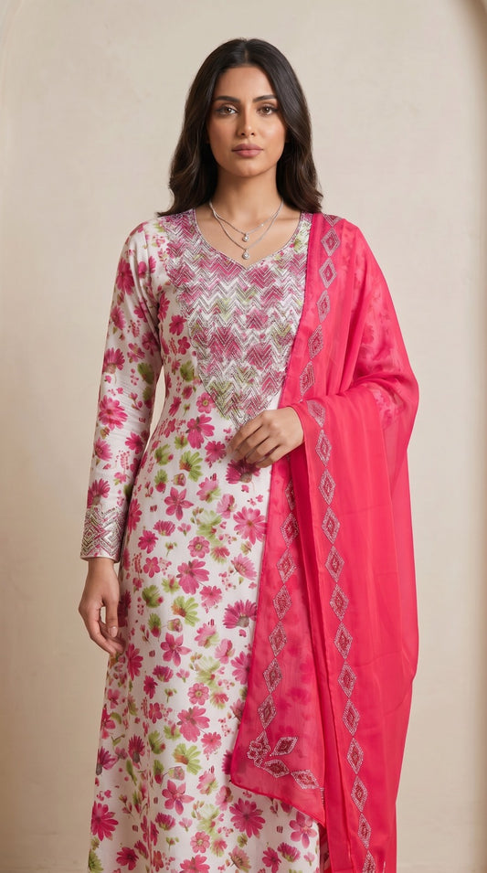 Designer Stone-Embellished Floral Mukhawar with Contrasting Pink Shaila - (A1)