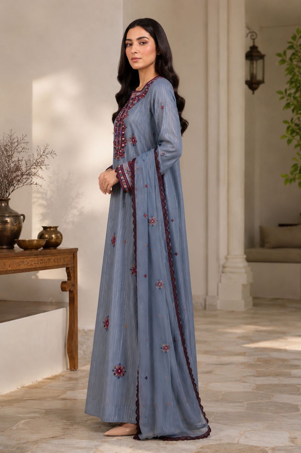 Mukhawar Luxury Hand Embroidered  with Embellished Shaila –Elegant Grey