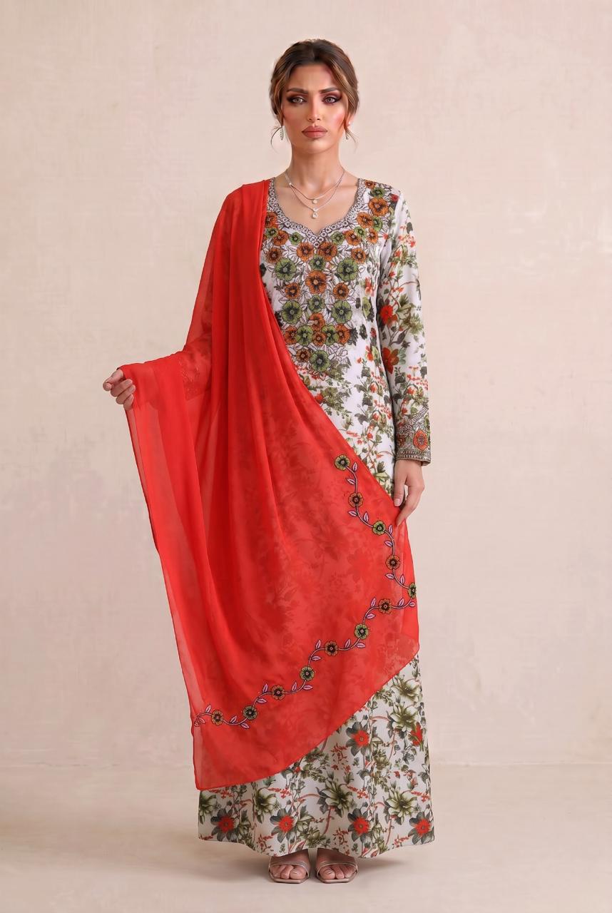 Premium Designer Mukhawar – Soft Green & Orange  Floral Ensemble - (B 7)