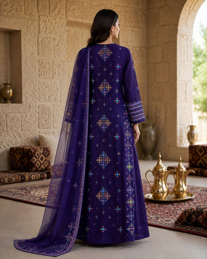 Ward Al Jouri Luxury Omani Mukhawar with Embroidered Shela – Royal Purple