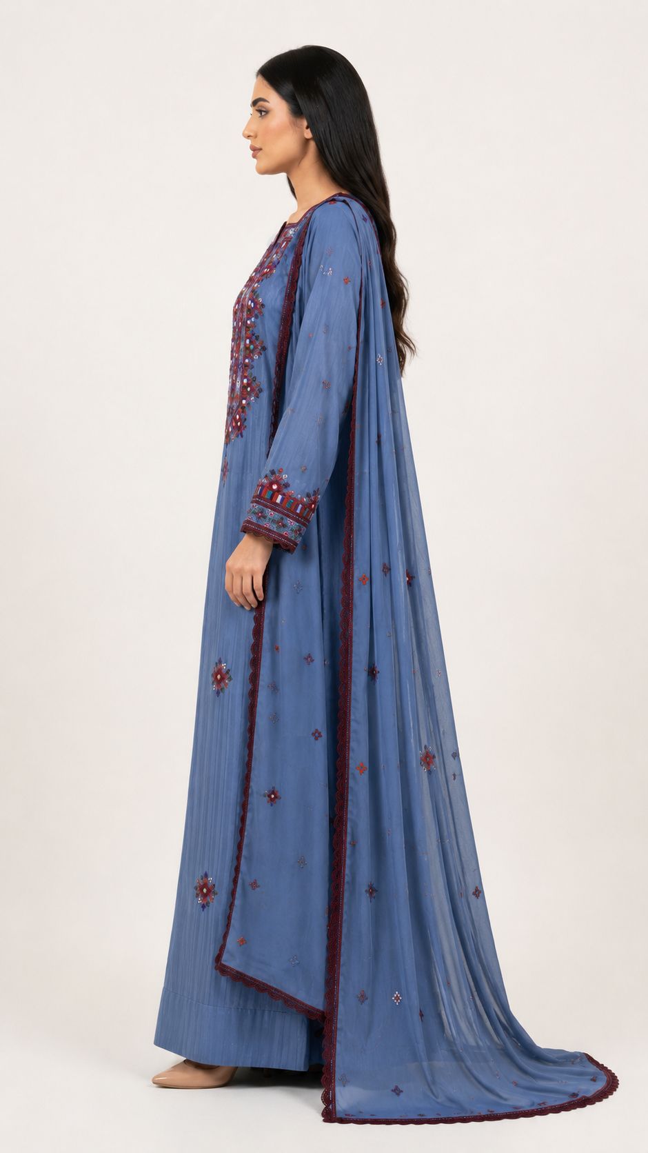 Mukhawar Luxury Hand Embroidered Outfit with Embellished Shaila – Dusty Blue