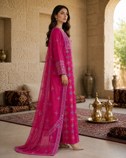 Ward Al Jouri Luxury Omani Mukhawar with Embroidered Shela – Fuchsia Pink