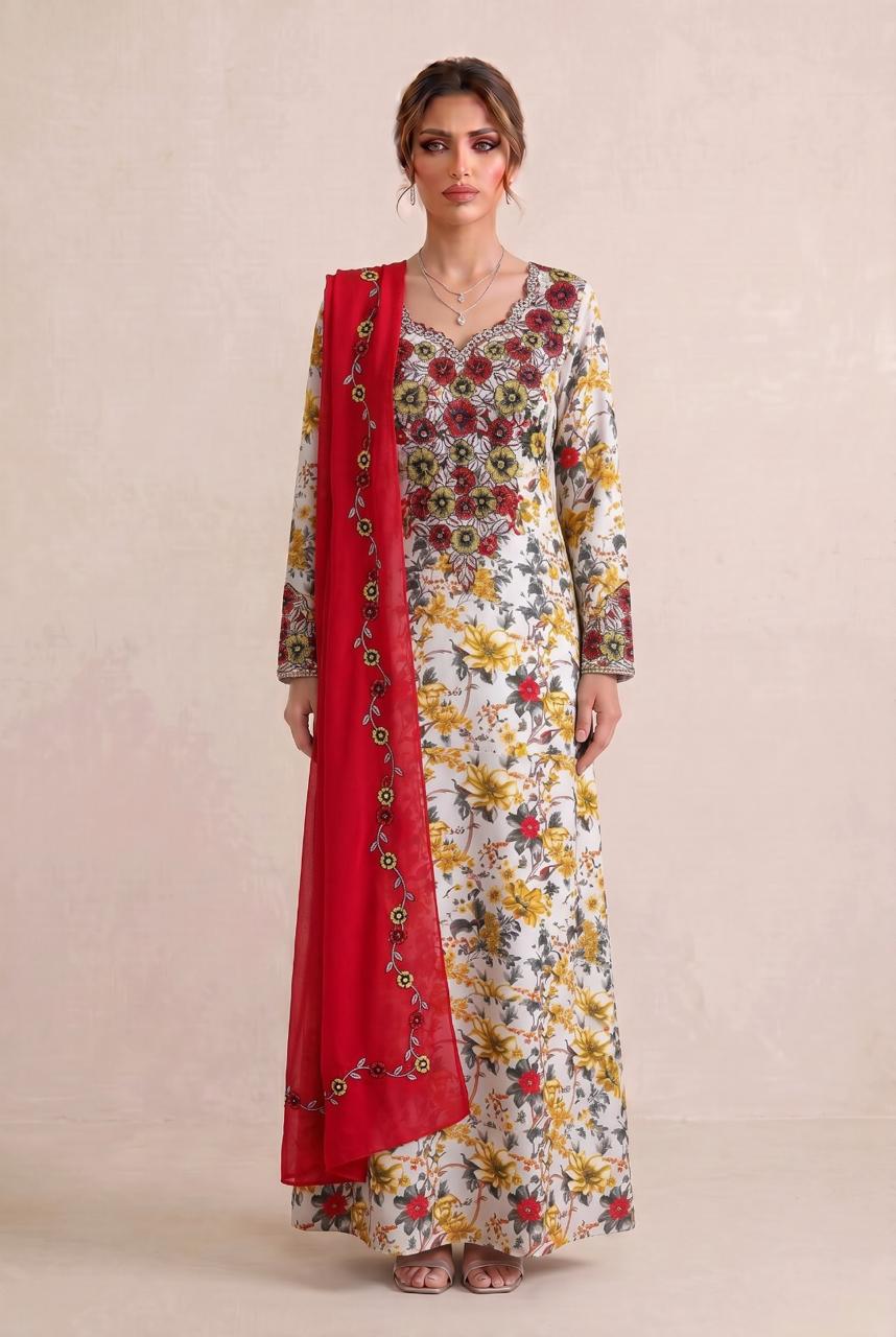 Premium Designer Mukhawar – Soft Yellow & Red  Floral Ensemble - (B 7)