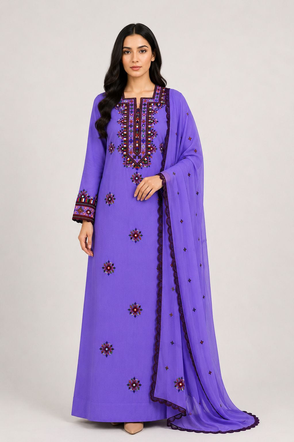 Mukhawar Luxury Hand Embroidered Outfit with Embellished Shaila –Violet Purple