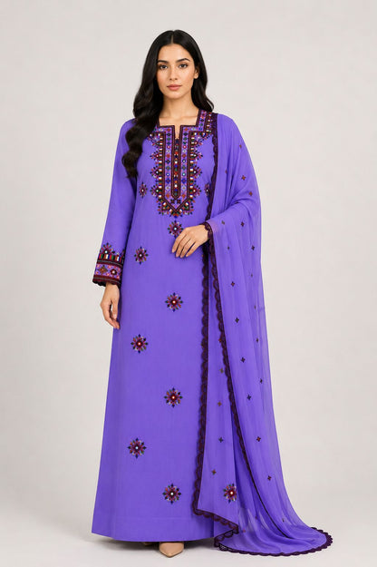 Mukhawar Luxury Hand Embroidered Outfit with Embellished Shaila –Violet Purple