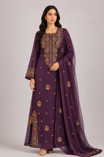 Jawahir Al Khaleej – Luxury Embellished Georgette Mukhawar with Embroidered Shela - Deep Plum Purple