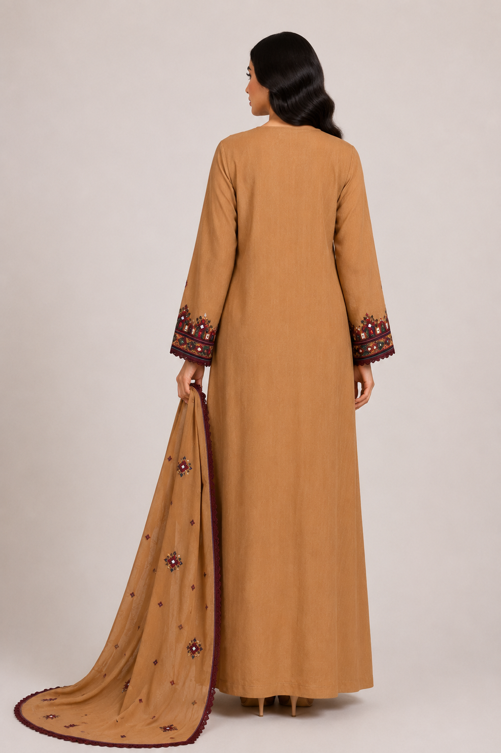 Mukhawar Luxury Hand Embroidered Outfit with Embellished Shaila –Golden Beige