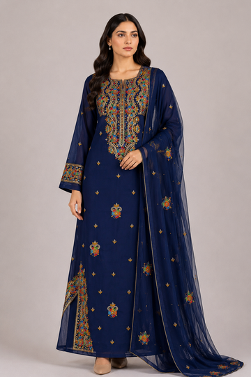 Jawahir Al Khaleej – Luxury Embellished Georgette Mukhawar with Embroidered Shela - Classic Navy Blue