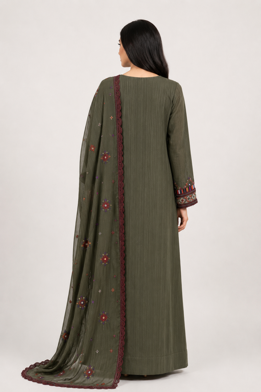 Mukhawar Luxury Hand Embroidered Outfit with Embellished Shaila – Olive Green