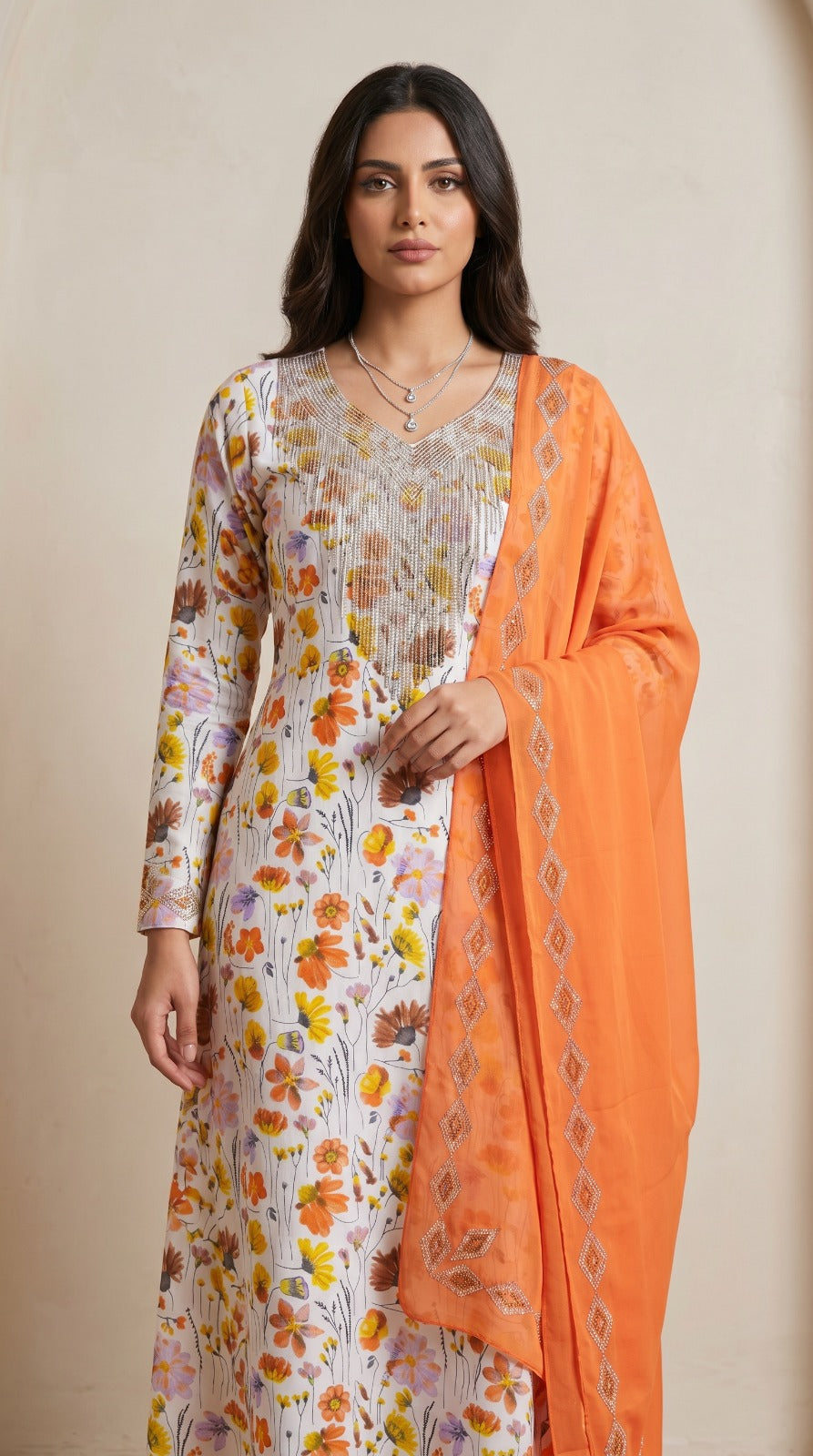 Designer Stone-Embellished Floral Mukhawar with Contrasting Orange Shaila