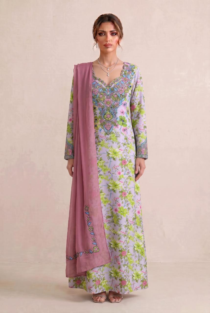 Premium Designer Mukhawar – Soft Green  & Pink  Floral Ensemble - (B 4)