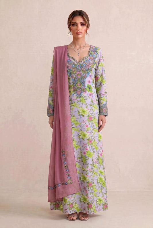Premium Designer Mukhawar – Soft Green  & Pink  Floral Ensemble - (B 4)
