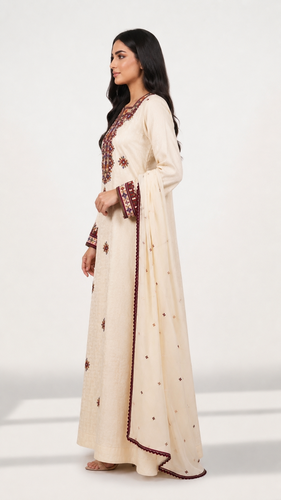 Mukhawar Luxury Hand Embroidered Outfit with Embellished Shaila – Ivory Cream