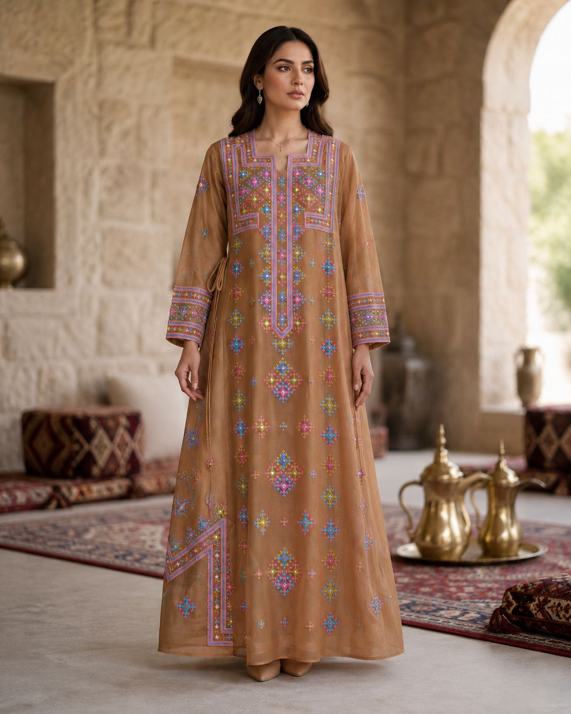 Ward Al Jouri Luxury Omani Mukhawar with Embroidered Shela – Desert Beige