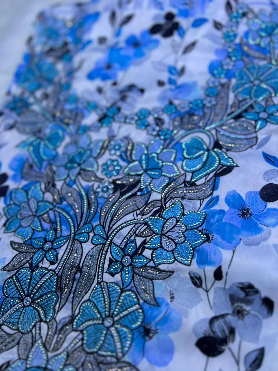Elegant Floral Embroidered Mukhawar -White & Blue  (C4)