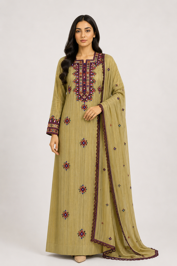 Mukhawar Luxury Hand Embroidered Outfit with Embellished Shaila – Light Olive