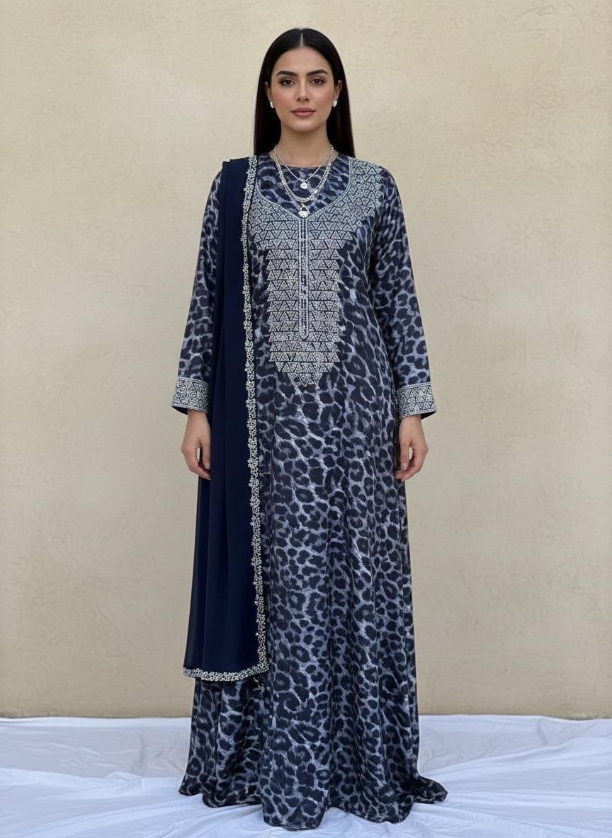 Classic Monochrome Leopard Print Mukhawar with Contrasting black Shaila - (A7)