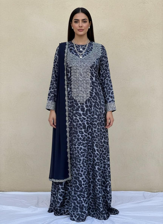 Classic Monochrome Leopard Print Mukhawar with Contrasting black Shaila - (A7)