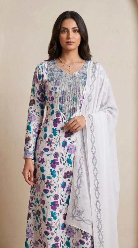 Designer Stone-Embellished Floral Mukhawar with Contrasting White Shaila - (A2)