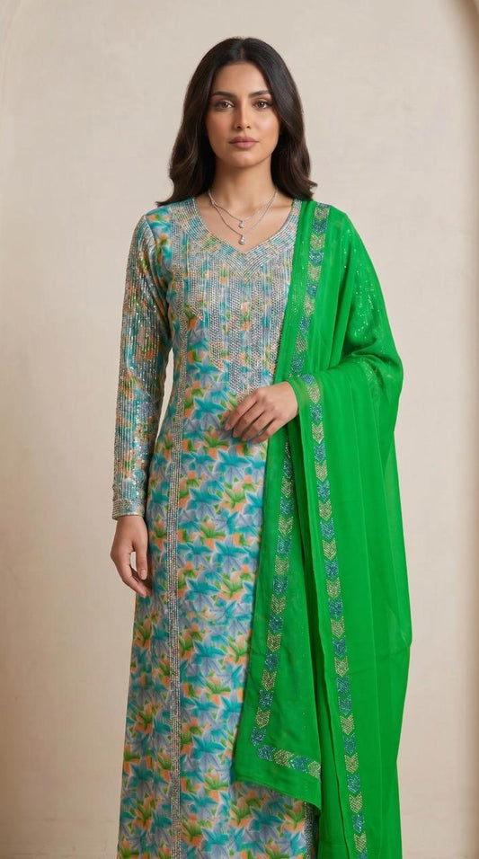 Designer Stone-Embellished Floral Mukhawar with Contrasting Green Shaila - (A3)