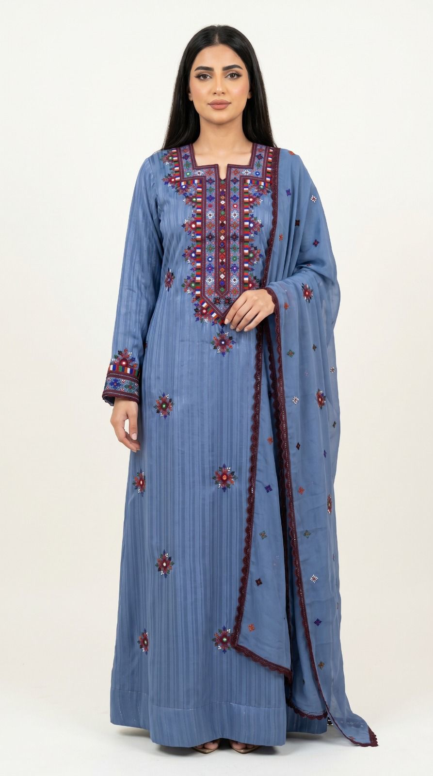 Mukhawar Luxury Hand Embroidered Outfit with Embellished Shaila – Dusty Blue