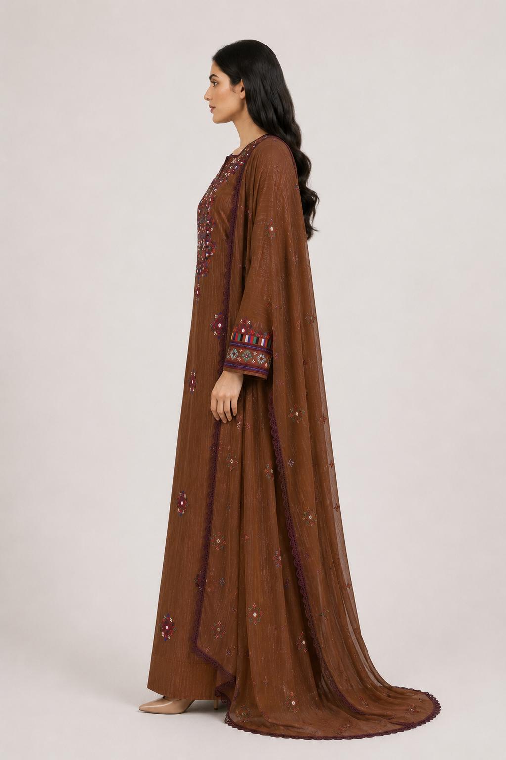 Mukhawar Luxury Hand Embroidered Outfit with Embellished Shaila –Chocolate Brown