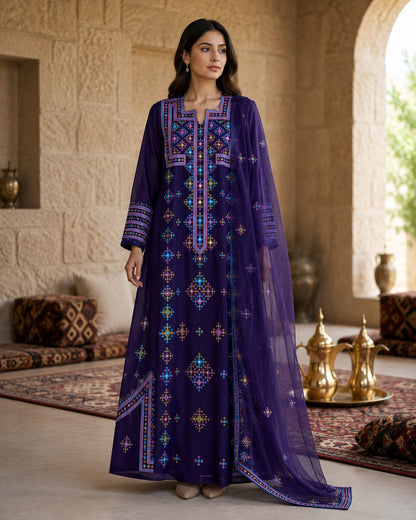 Ward Al Jouri Luxury Omani Mukhawar with Embroidered Shela – Royal Purple