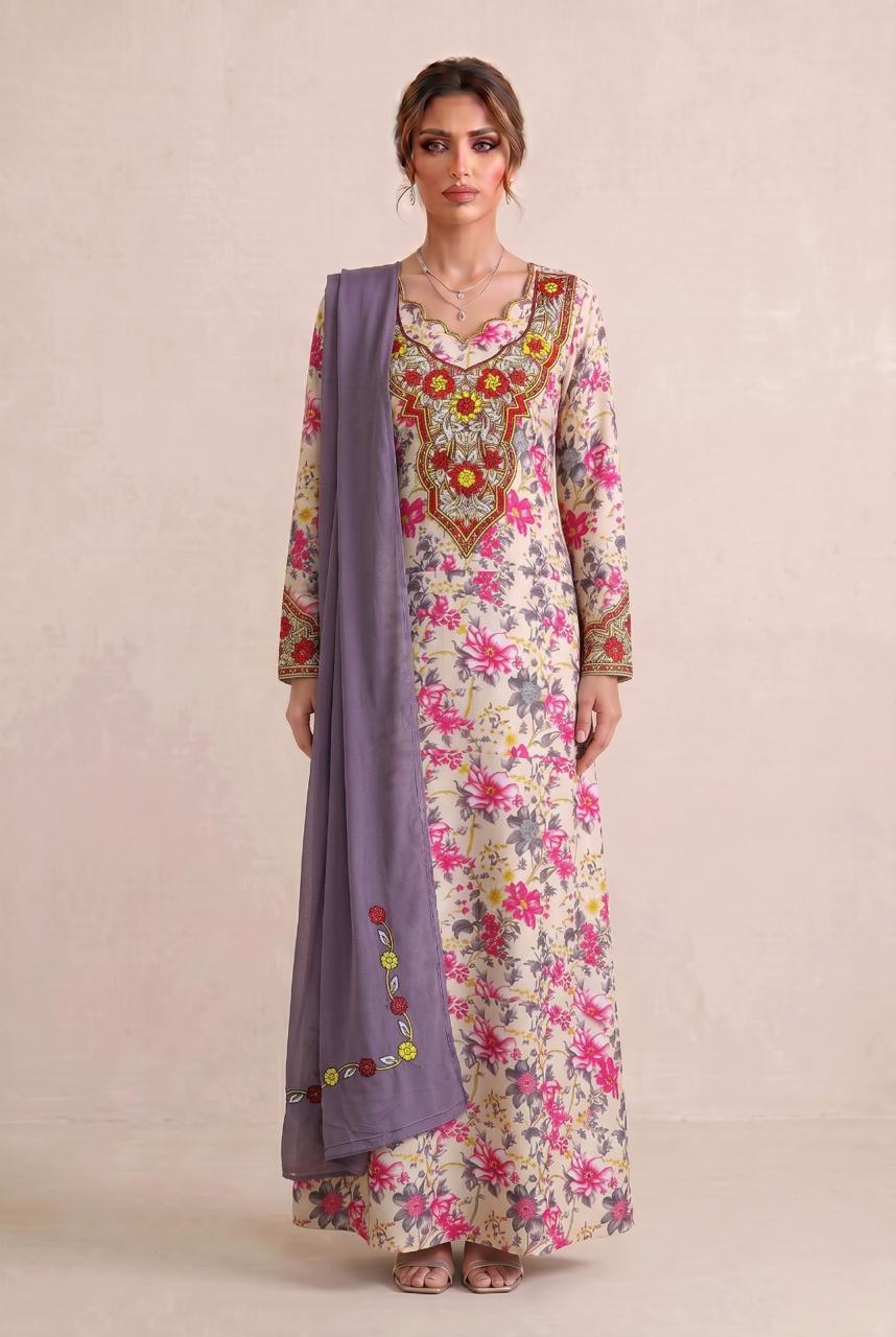 Premium Designer Mukhawar – Soft Red  Floral Ensemble - (B 3)