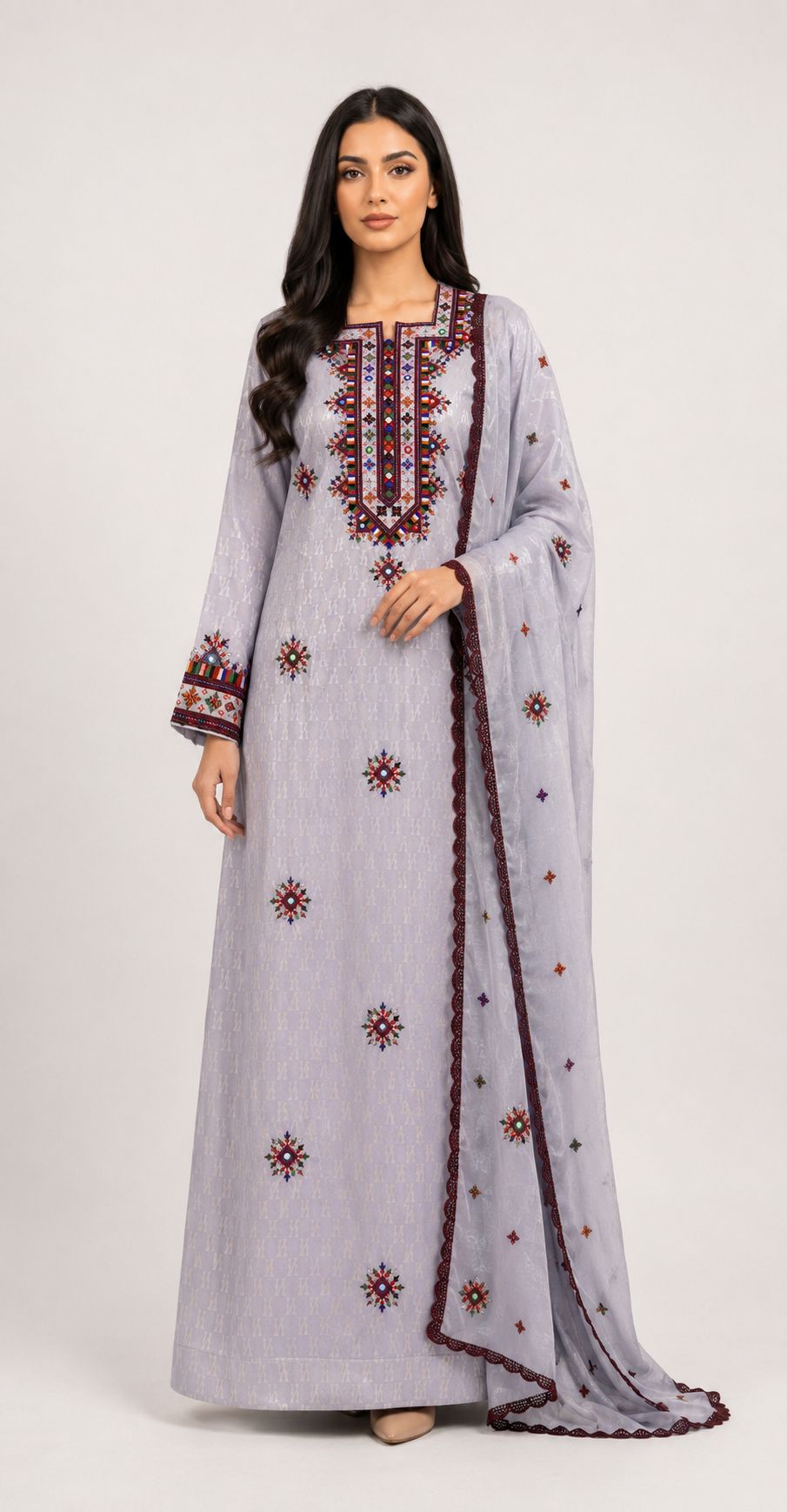 Mukhawar Luxury Hand Embroidered Outfit with Embellished Shaila –Ice Grey