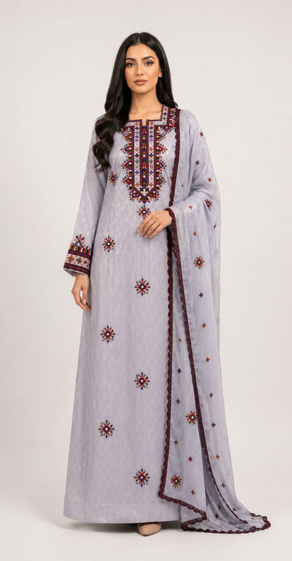 Mukhawar Luxury Hand Embroidered Outfit with Embellished Shaila –Ice Grey