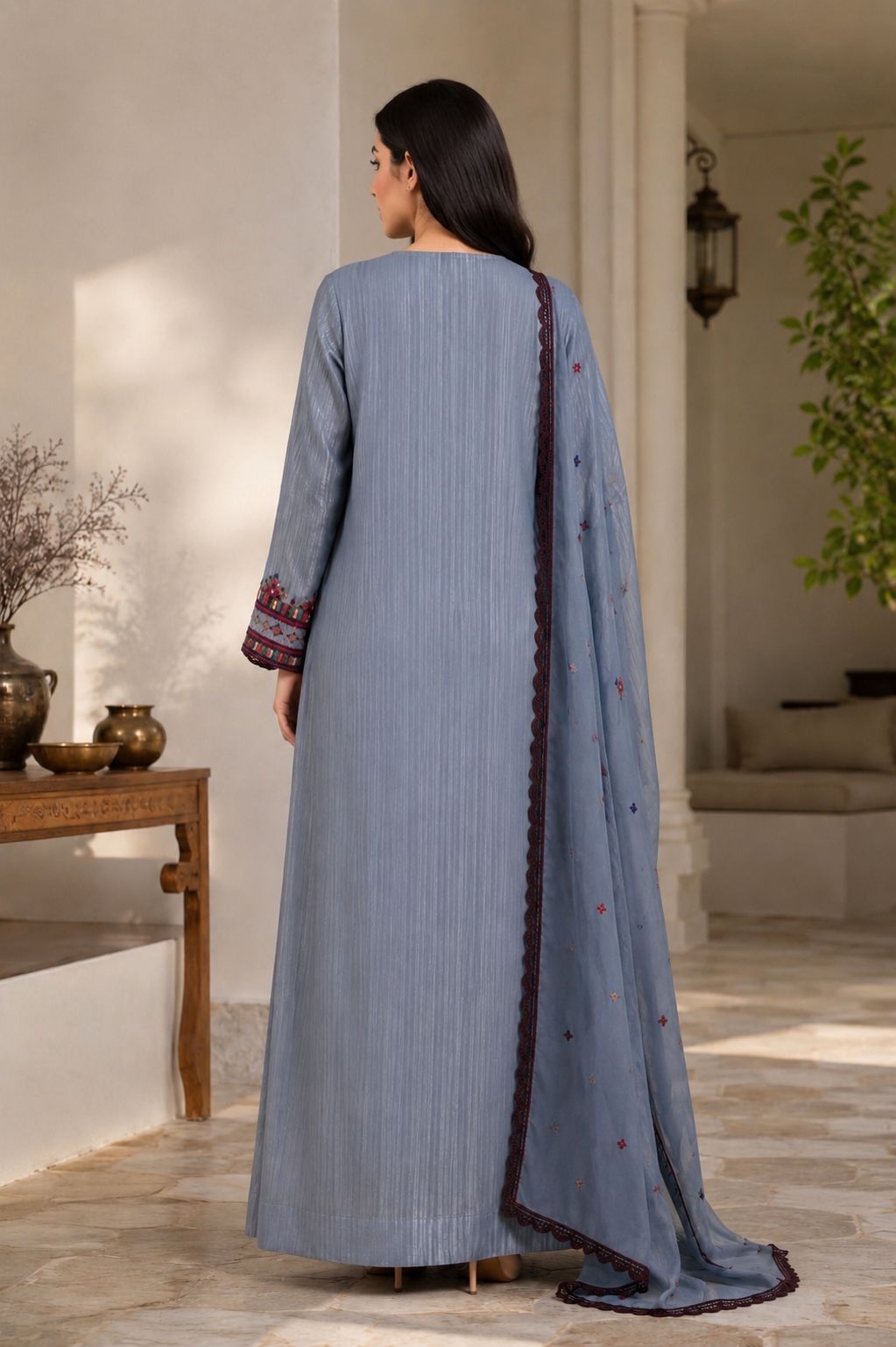 Mukhawar Luxury Hand Embroidered  with Embellished Shaila –Elegant Grey