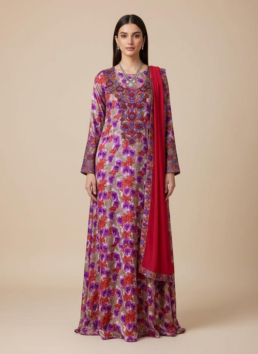 Premium Designer Mukhawar – Soft Red & Purple  Floral Ensemble - (B 1)