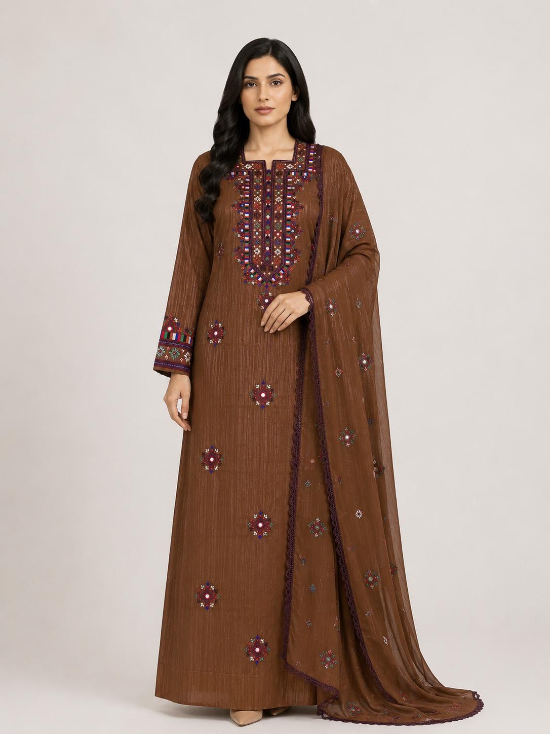 Mukhawar Luxury Hand Embroidered Outfit with Embellished Shaila –Chocolate Brown