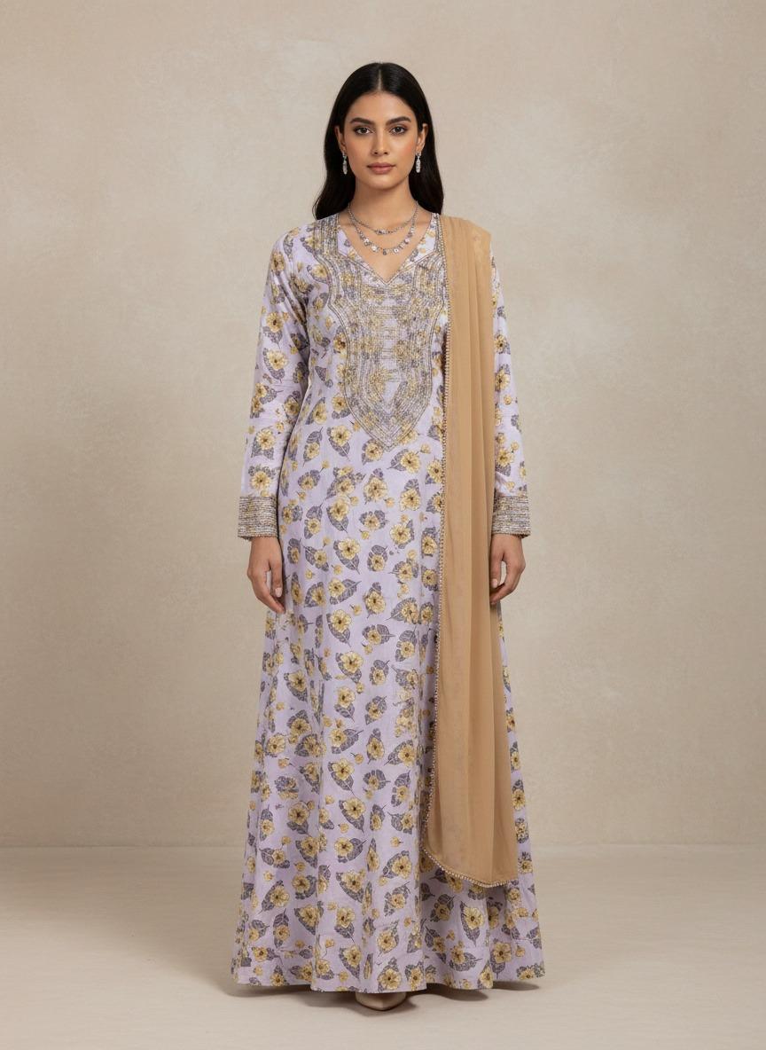 Designer Stone-Embellished Floral Mukhawar with Contrasting Beige Shaila - (A6)