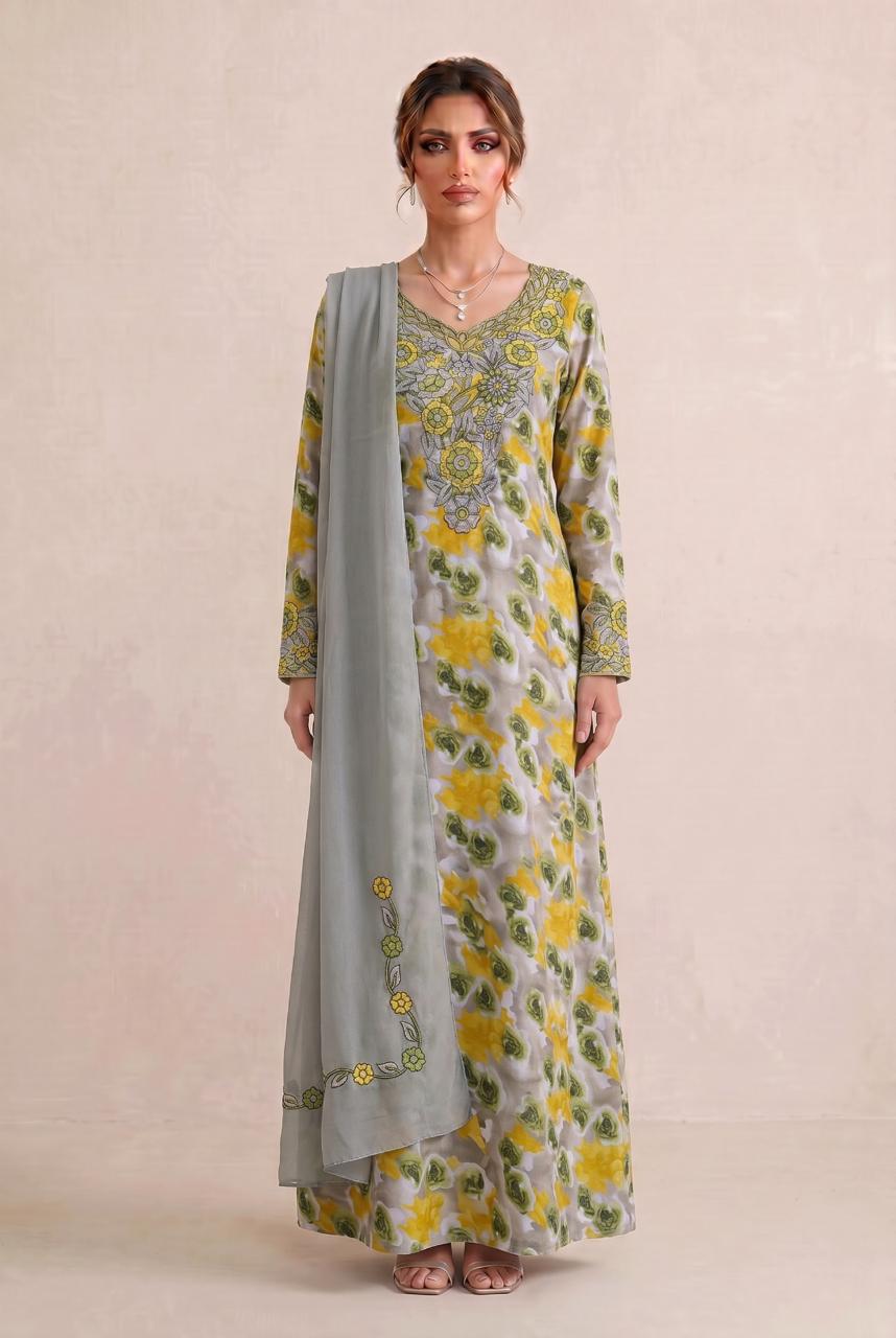 Premium Designer Mukhawar – Soft Yellow & Silver  Floral Ensemble - (B 8)