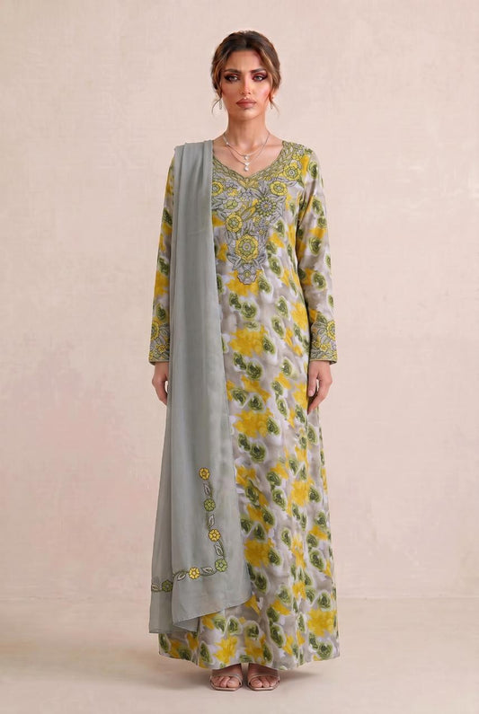 Premium Designer Mukhawar – Soft Yellow & Silver  Floral Ensemble - (B 8)