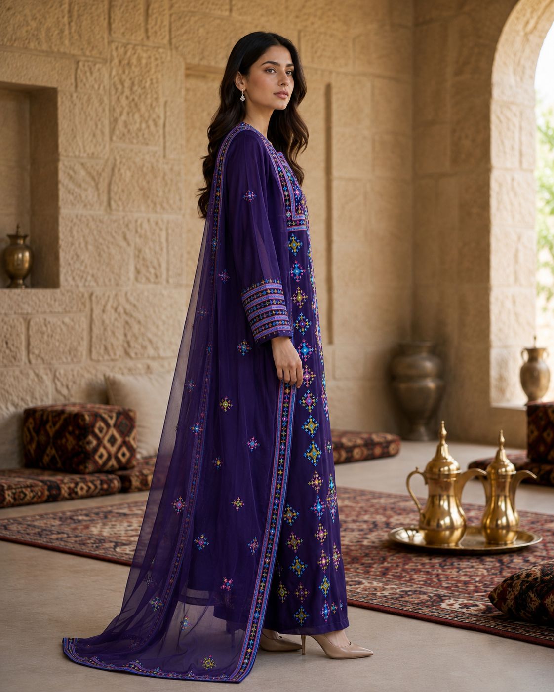 Ward Al Jouri Luxury Omani Mukhawar with Embroidered Shela – Royal Purple