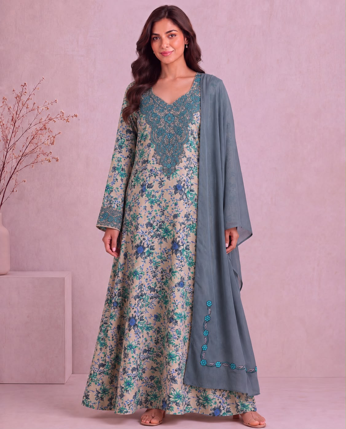 Yasmeen Al Khaleej Mukhawar With Shela - Sage Green – B 3