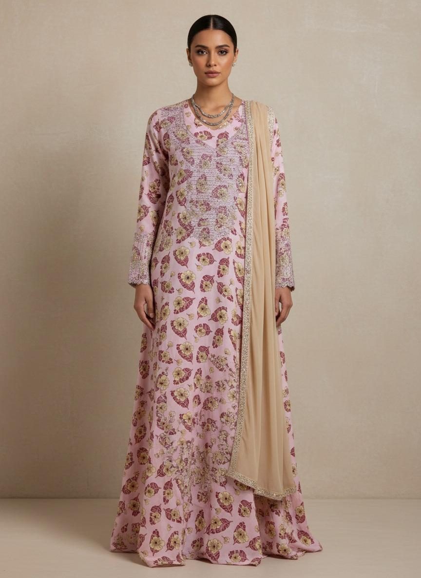 Designer Stone-Embellished Floral Mukhawar with Contrasting Beige Shaila - (A4)