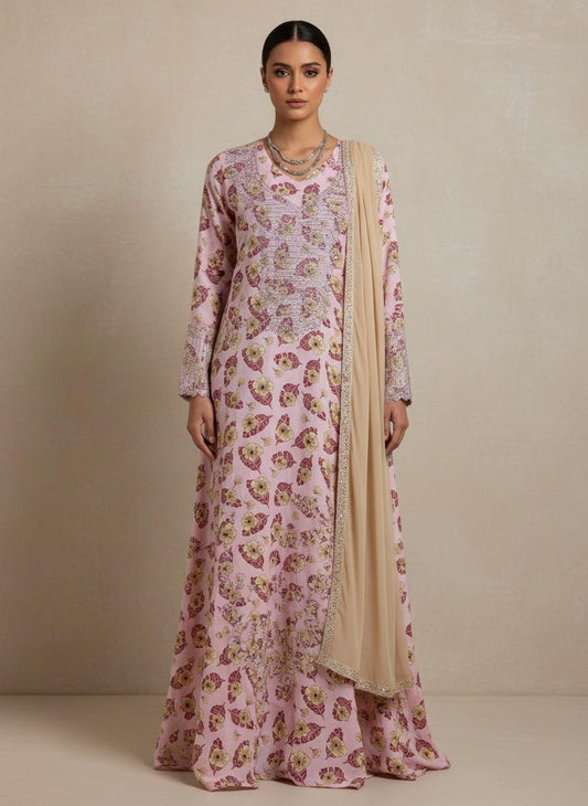 Designer Stone-Embellished Floral Mukhawar with Contrasting Beige Shaila - (A4)