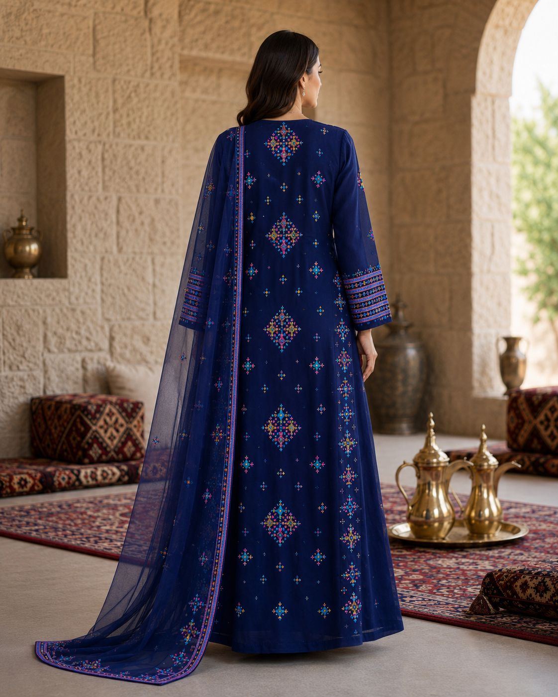 Ward Al Jouri Luxury Omani Mukhawar with Embroidered Shela – Midnight Blue