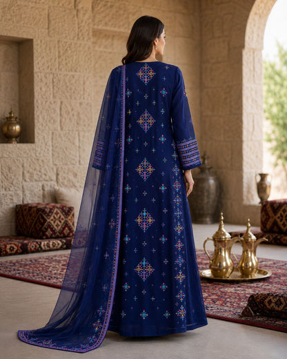 Ward Al Jouri Luxury Omani Mukhawar with Embroidered Shela – Midnight Blue