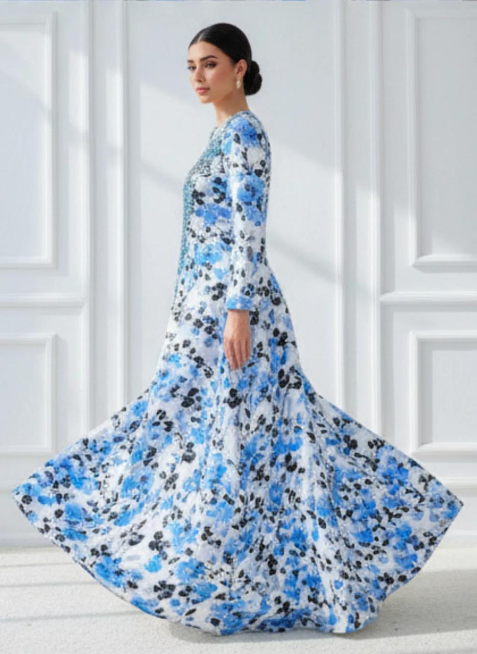Elegant Floral Embroidered Mukhawar -White & Blue  (C4)