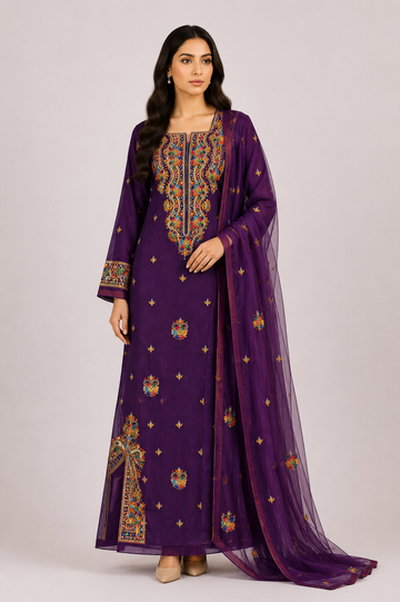 Jawahir Al Khaleej – Luxury Embellished Georgette Mukhawar with Embroidered Shela - Royal Purple